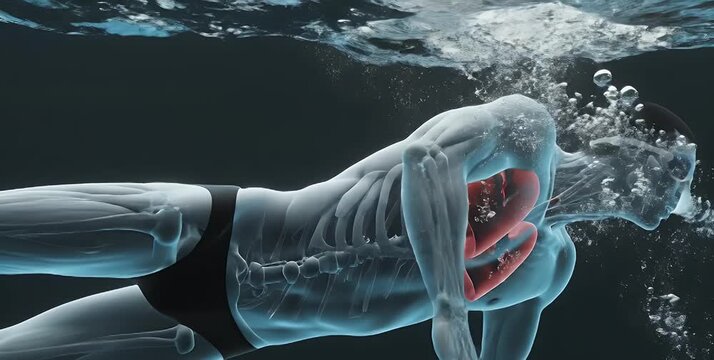 Man swimming underwater with visible lungs.