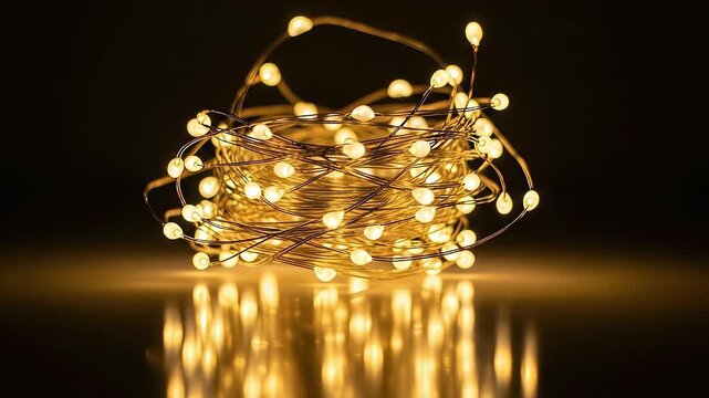 A warm fairy light string bokeh golden glow cozy holiday decor festive ambiance soft illumination copper wire rustic charm seasonal mood night background reflection golden fairy light string warm g