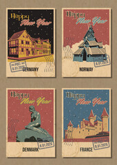 Happy New Year Greeting Cards, European Countries Attractions Postcards Retro Illustrations. Germany Hallf Timbered House, Norway Norsk Folkemuseum, Denmark Little Mermaid, France Castle of Puymartin 