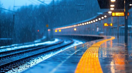 A train station platform during a heavy downpour. The wet, reflective surface of the platform is highlighted by a bright yellow tactile warning strip and the wa