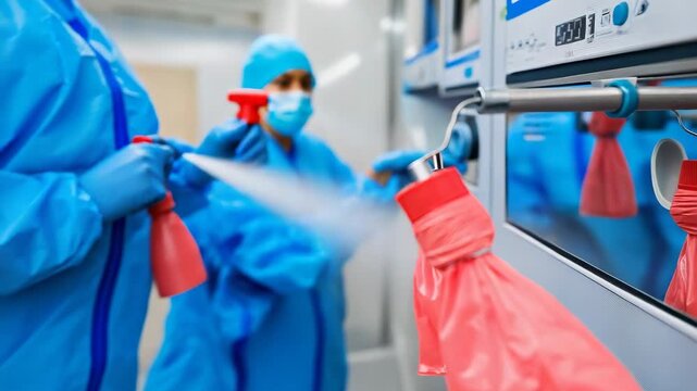 selective focus person disinfecting surfaces cleaning concept