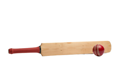 Naklejka premium A cricket bat and ball set, showcasing the bat's wooden texture and the ball's bright red color and stitching, isolated on white background, transparent background.