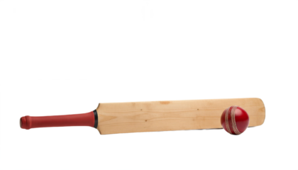 A cricket bat and ball set, showcasing the bat's wooden texture and the ball's bright red color and stitching, isolated on white background, transparent background.