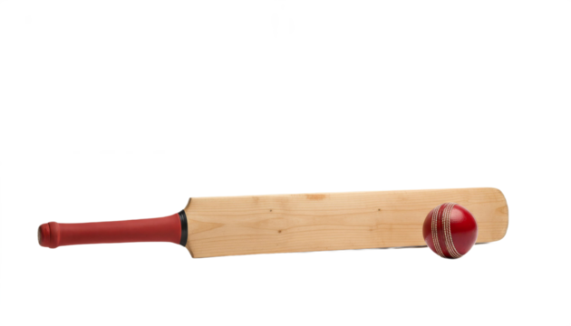 A cricket bat and ball set, showcasing the bat's wooden texture and the ball's bright red color and stitching, isolated on white background, transparent background.