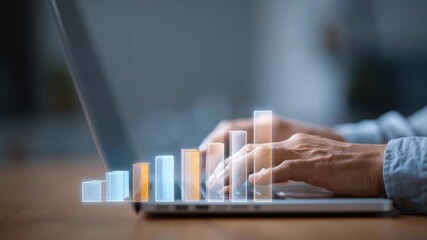 Hands typing laptop with rising visual data bar chart showing job impact and digital growth inspiring productivity hands typing laptop data visual
