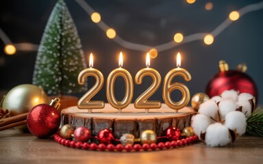 2026 new year celebration with golden candles and decorations illustration