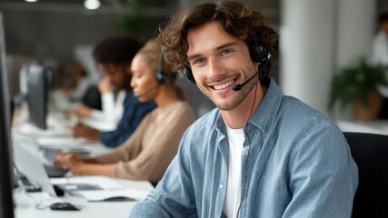 Engaging customer services agent at call centre provides assistance and support while using headset and working at desk with colleagues