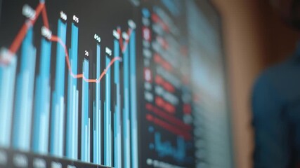 Data driven visual job impact shown touchscreen with bar chart and line graph illustrating business trend and analysis business analyst points to - Powered by Adobe