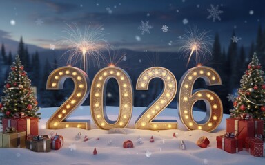 2026 new year celebration in winter landscape illustration