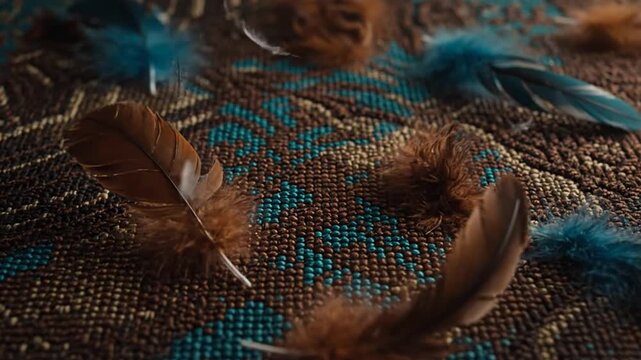 羽毛と織りの万華鏡 茶と青の優雅なループ映像