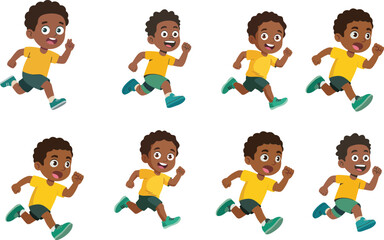 Happy energetic cartoon boy running forward in playful action pose illustration, cheerful cute child character jogging with joyful smile outdoors