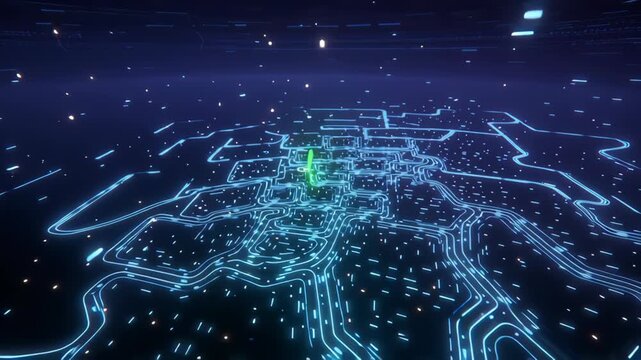 Abstract digital circuit board with glowing blue lines and data flow in a futuristic network. - Powered by Adobe