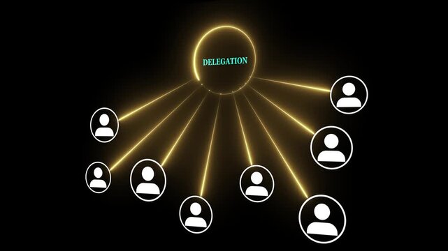 Delegation idea on the black background. Supervisors delegate work rights to other people on the team. Business work organization and management. Motion graphics of delegation concept. 4k video. 