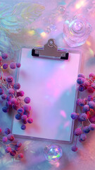 Flat-lay magical composition with clipboard menu mockup surrounded by frosted berries. Airy iridescent neon background for branding overlay. Vertical