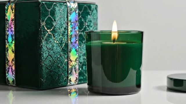 Hero composition of emerald candle and gift box with slow tilt-down camera movement