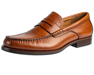 A single brown leather moccasin slightly raised on its heel for a dynamic 3-4 perspec 