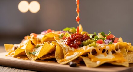 Delicious plate of loaded nachos with melted cheese and salsa being poured on top in a closeup shot
