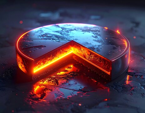Futuristic pie chart, glowing with orange and blue light on reflective surface