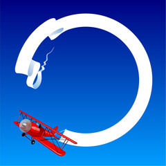 Vintage red airplane flying with round blank ribbon banner in blue sky. Vector illustration in cartoon style