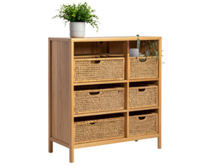 A slim vertical rattan shoe cabinet presented in a clean side view, featuring stacked