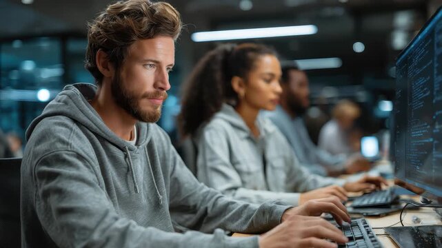 Team of programmers collaborate on software development in a modern office space during evening hours, focusing on coding projects and problem-solving techniques