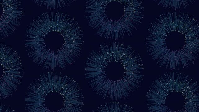 A colorful abstract art piece made of blue and purple circles and zigzag lines, creating an intricate and captivating pattern on a flat surface