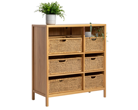 A slim vertical rattan shoe cabinet presented in a clean side view, featuring stacked