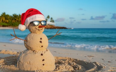 Sandman on tropical beach with santa hat and sunglasses illustration