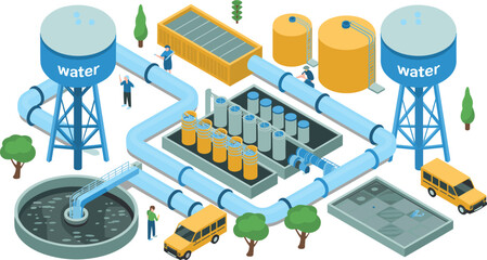 Obraz premium Isometric water treatment plant illustration with filtration tanks, pipelines, purification system, industrial infrastructure