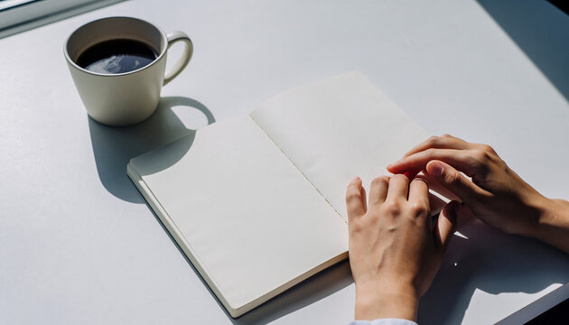 Minimalist overhead view of blank notebook and coffee mug on sunny white desk