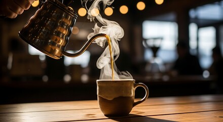 Closeup of hot steaming coffee being poured from a gooseneck kettle into a ceramic mug in a dimly lit cafe setting with bokeh lights