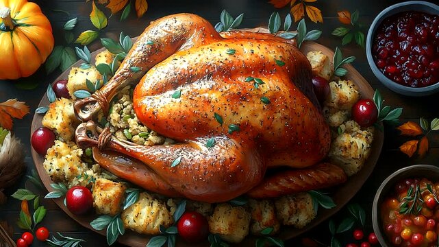 Roast turkey centerpiece with stuffing and garnishes