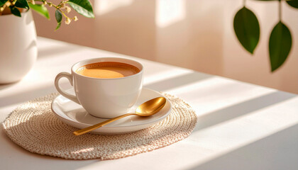 Obraz premium A cup of coffee with a golden spoon on a white table in soft morning light.