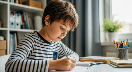 Young boy with striped shirt focused on writing in a notebook at a desk in a bright room.