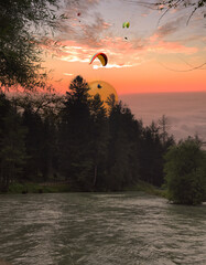 Paragliding over the clouds sunset view at the India. Clouds in the sky, Dhauladhar peaks view 5 pm 20 May 2025