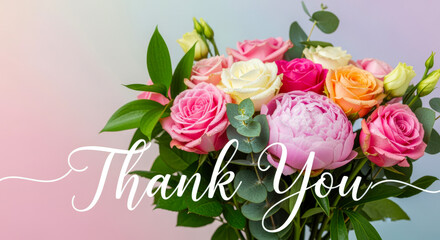 A vibrant bouquet of pink, white, and orange roses with a large pink peony and green foliage, featuring a 'Thank You' message.