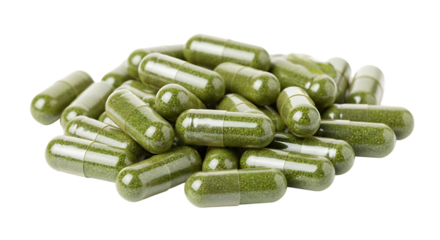 Pile of transparent capsules, filled with green herbal powder, isolated on transparent background, cutout, PNG