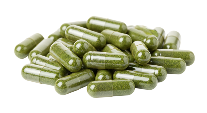 Pile of transparent capsules, filled with green herbal powder, isolated on transparent background, cutout, PNG