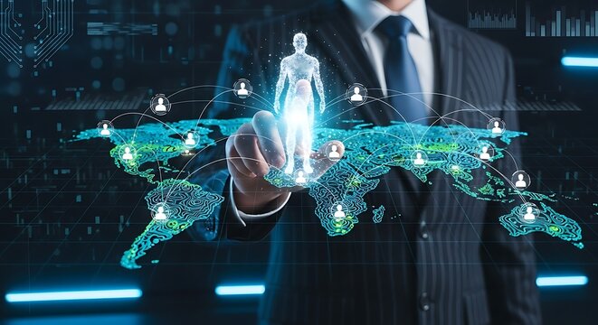 Businessman interacting with a glowing digital world map and network connections