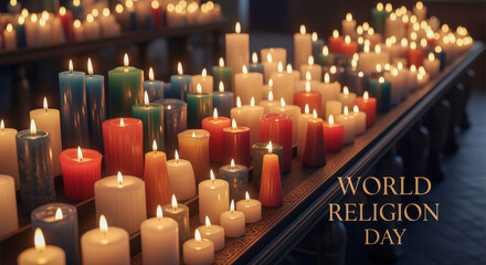 A multitude of colorful lit candles arranged on a long table, celebrating World Religion Day with a warm and spiritual glow.