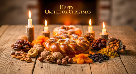 Traditional Orthodox Christmas feast with braided bread, nuts, dried fruits, and candles on a rustic wooden table.