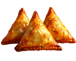 A trio of perfectly fried samosas arranged in a triangular pattern, warm golden tones