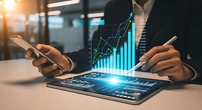 Business professional analyzing financial data on a tablet with holographic charts