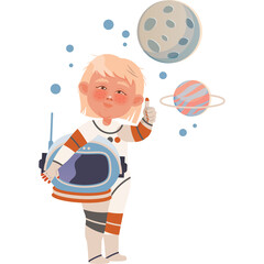 Young Girl Dressed As Astronaut Holding Helmet With Planets and Stars in Background on Transparent Background