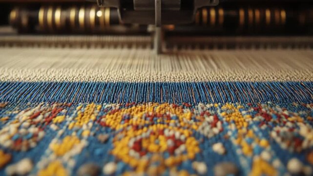 selective focus automated weaving loom creating intricate fabric patterns concept