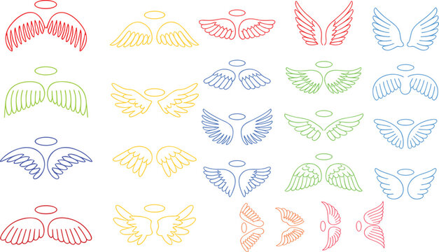 Minimalist angel wings line art collection, halo wing icons set, spiritual symbolism, elegant outline illustrations, celestial graphic design elements