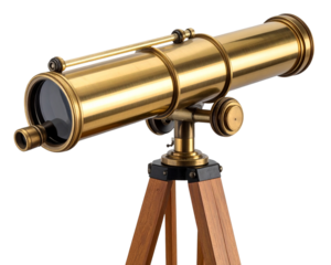 A vintage brass telescope mounted on an extendable wooden tripod, captured from a cle