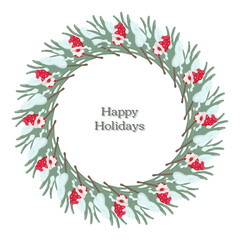 Holiday wreath illustration with green pine branches, snow-covered leaves, and red-hatted gnomes. Happy Holidays in center. Cheerful and cozy winter design for seasonal greetings or decor