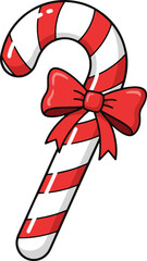 A festive flat vector illustration of a red and white striped Christmas candy cane decorated with a bright red ribbon bow,