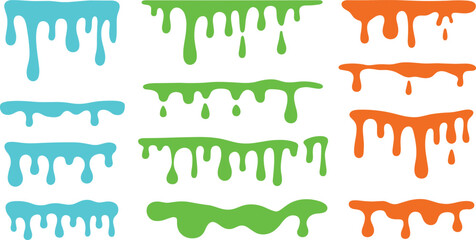 Realistic dripping red liquid splatter vector collection with glossy drips, flowing spill shapes, isolated stains, splash elements, horror paint effect illustration